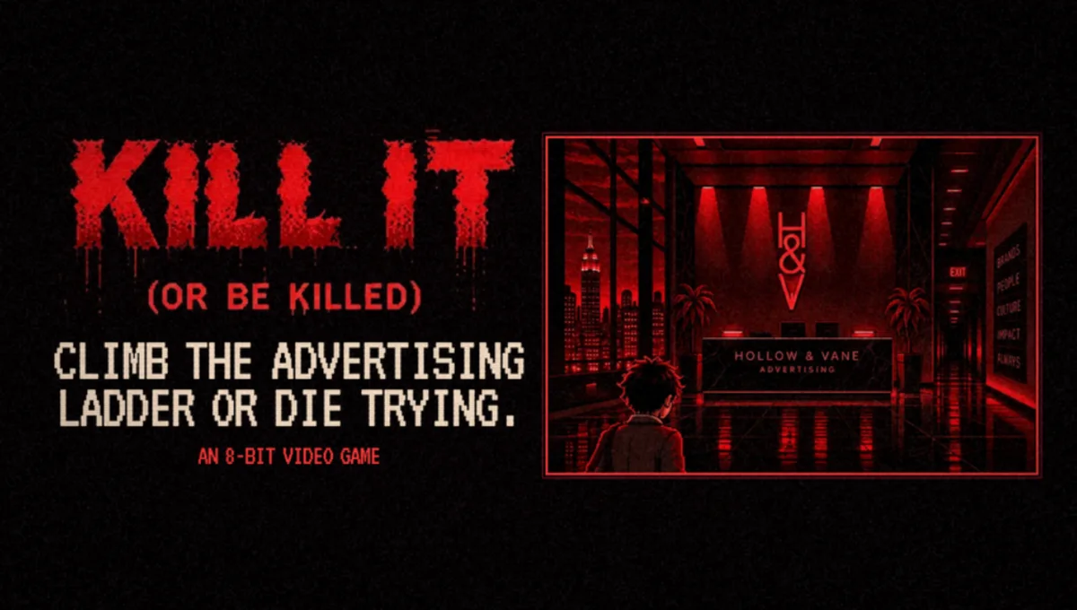 Kill It or Be Killed oyununun kırmızı ve siyah piksel sanatlı reklamcılık kariyeri ekranı