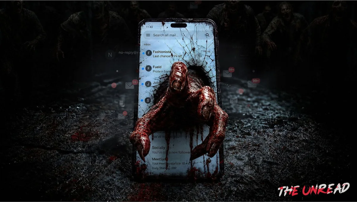 Kırık telefon ekranından çıkan zombi eli ve arka planda okunmamış e-posta bildirimleri