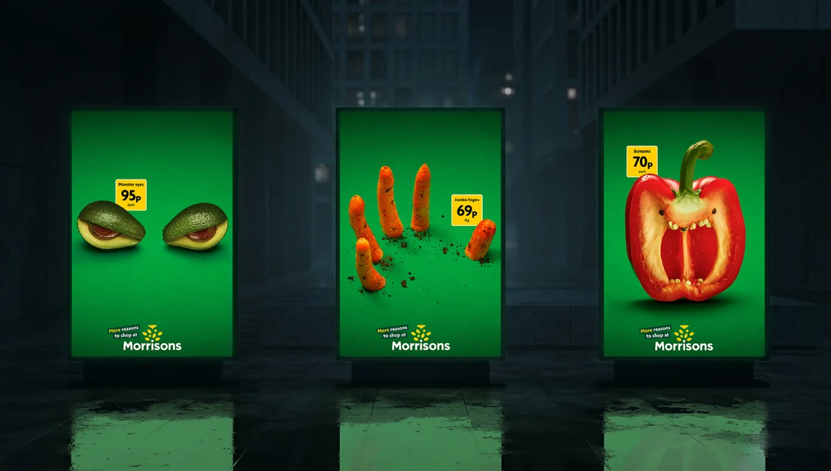 Morrisons açıkhava afişlerinde canavar gözleri, zombi parmakları ve çığlık atan biber