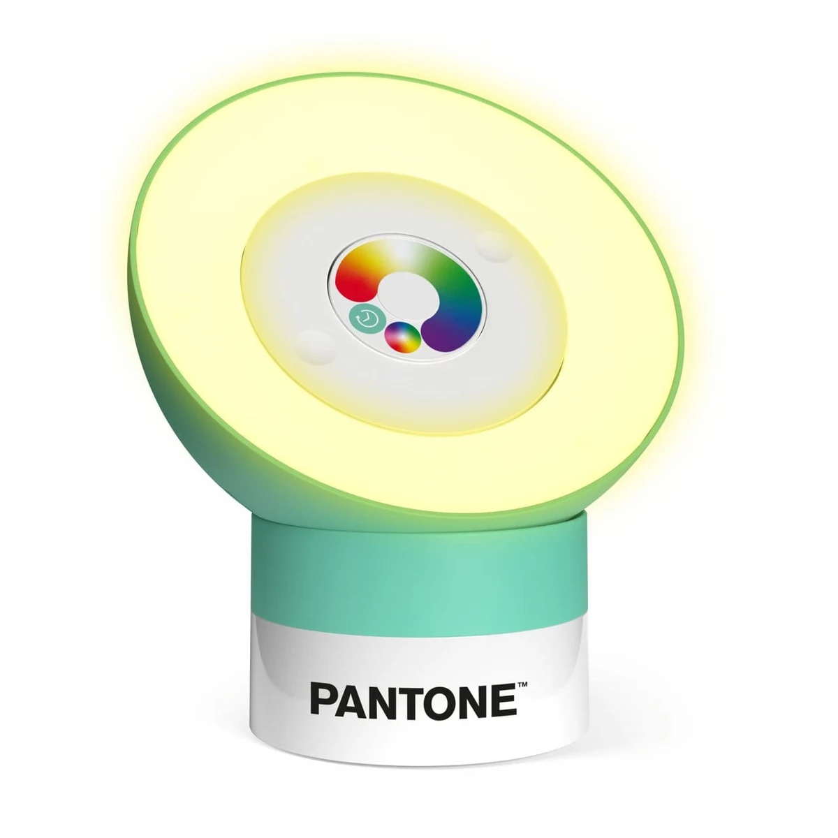 Yeşil gövdeli Pantone lambasının sarı ışık veren dairesel başlığı.