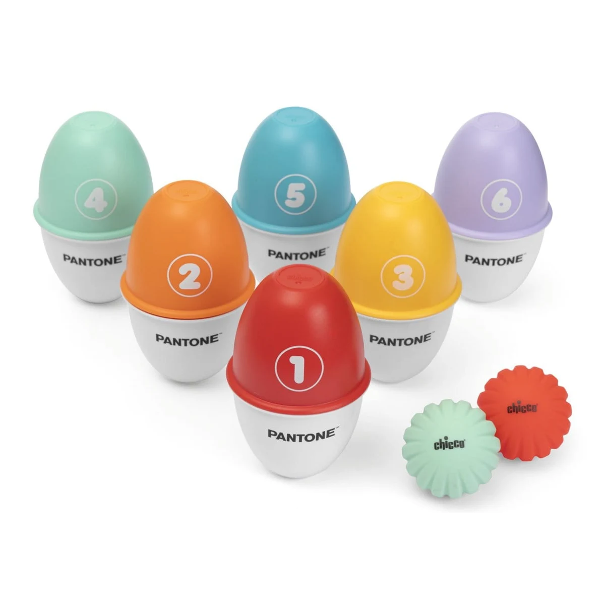 Pastel renklerde numaralandırılmış altı Pantone bowling lobutu ve iki yumuşak top.