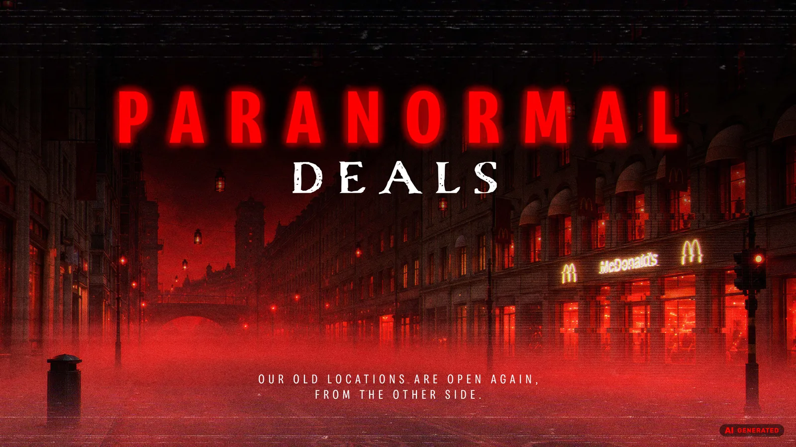 Kırmızı sis içindeki eski McDonald’s restoranını gösteren Paranormal Deals görseli
