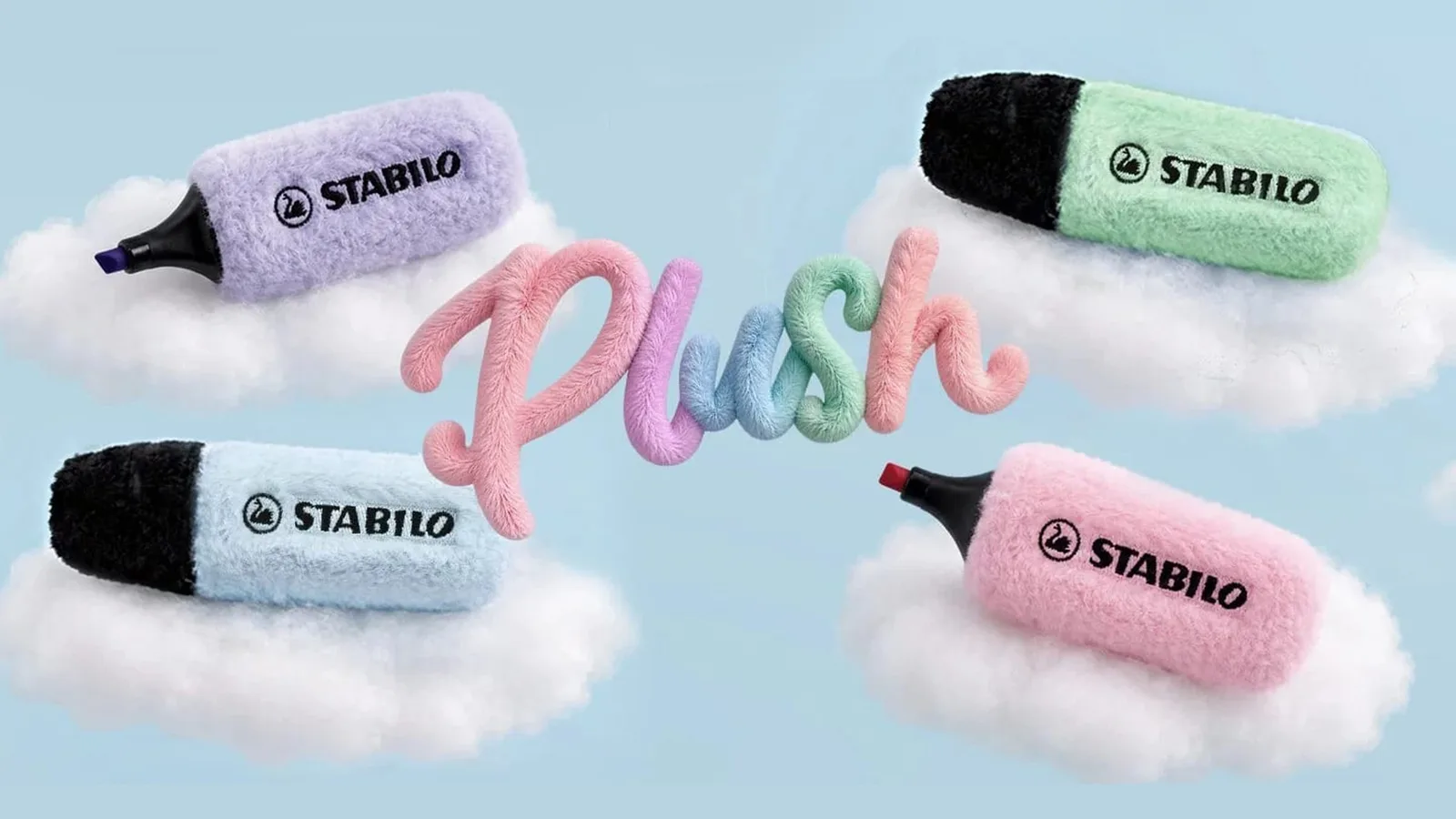 Bulutların üzerinde dört pastel renkli peluş STABILO fosforlu kalem