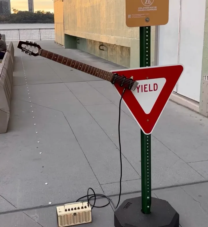 Trafik levhasına takılmış gitar sapını çalan Arlo Sims