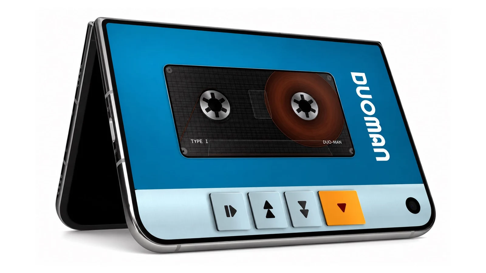 Katlanır telefon ekranında çalışan Duo-Man kaset arayüzü