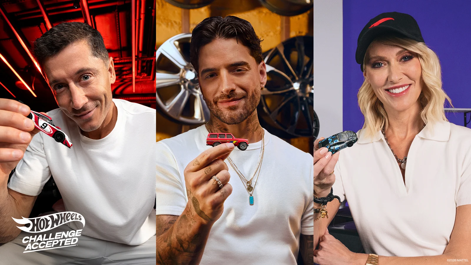 Üç Hot Wheels elçisinin kişisel hikâyelerini temsil eden model araçlarla portreleri