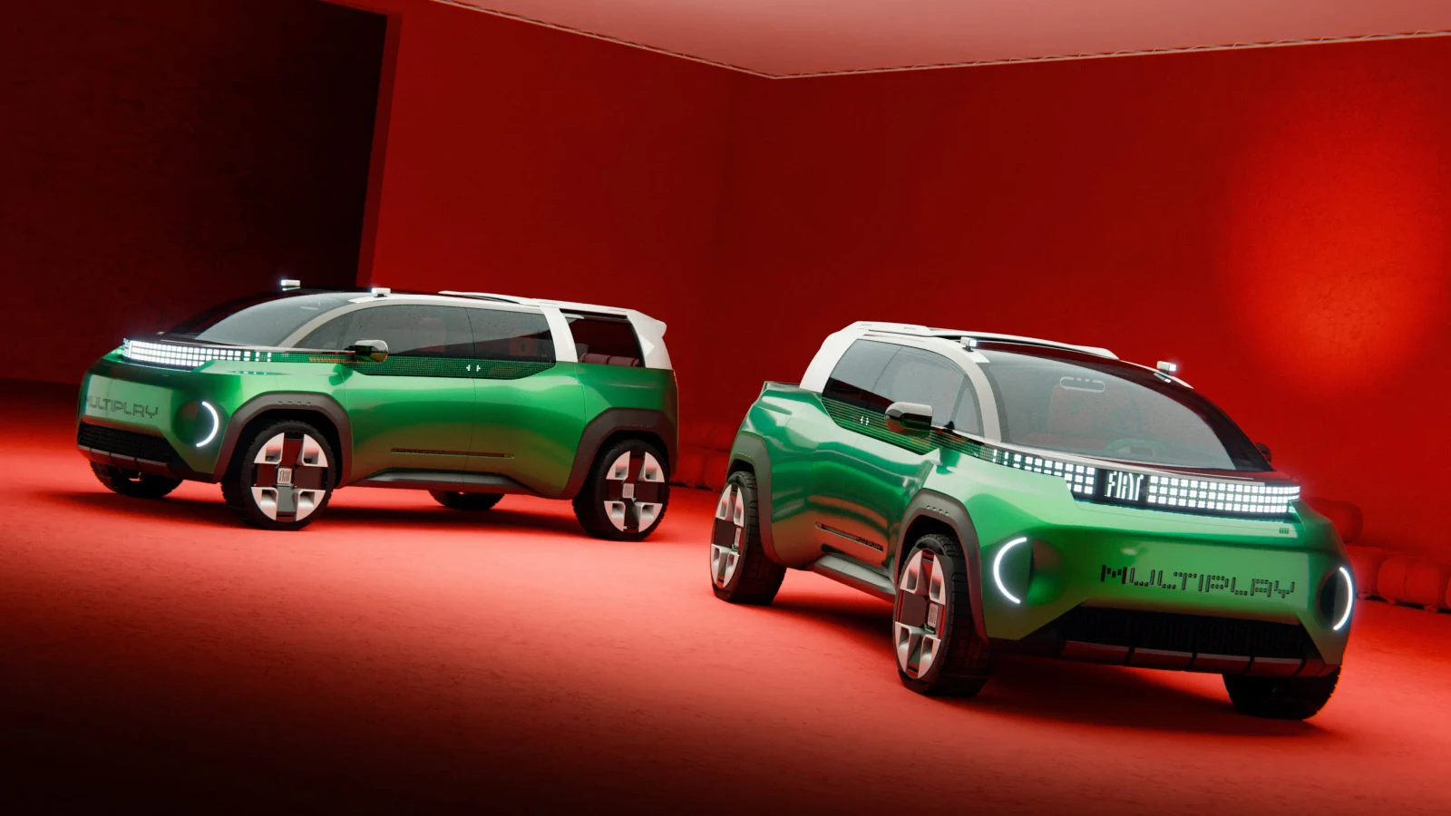 Fiat Multiplay konseptinin yeşil gövdeli kapalı ve açık kasalı düzenleri kırmızı stüdyoda.