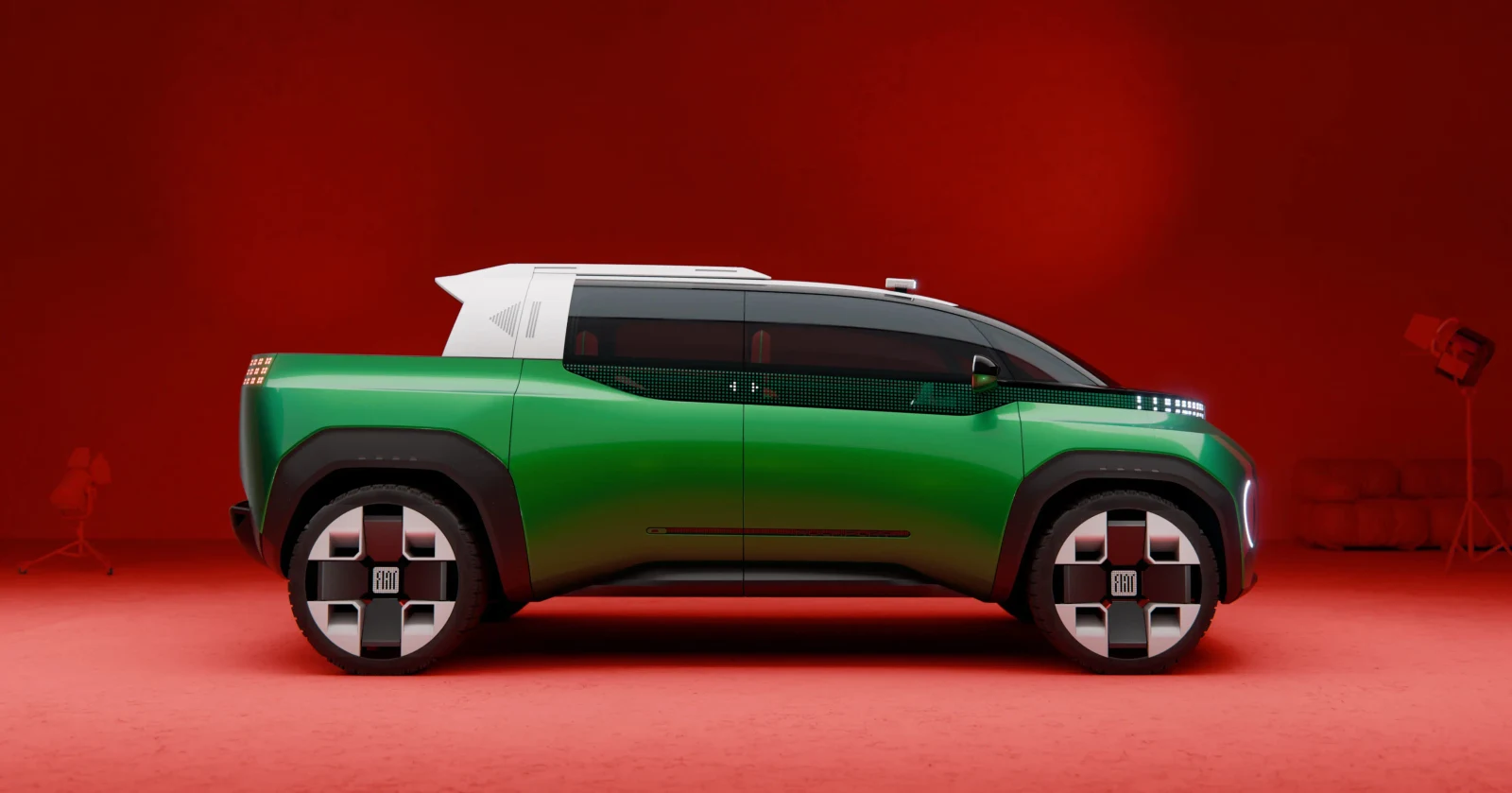 Fiat Multiplay konseptinin arka modülü öne kaydırılmış açık kasalı pick-up düzeni.