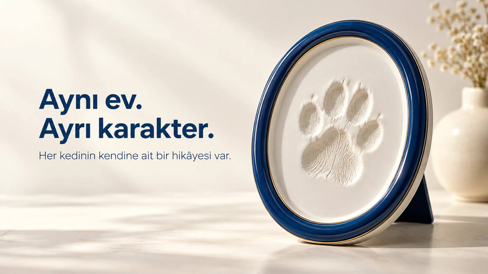 Mavi çerçevede kedi pati izi; kedinin ailedeki kendine özgü yerini anlatan illüstrasyon.